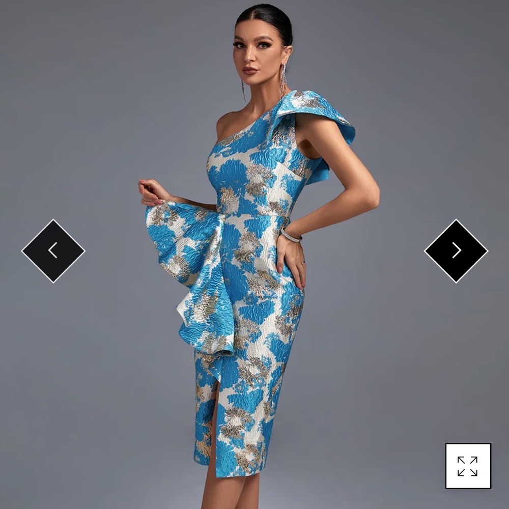 One Shoulder Brocade Dress with Front sash detail